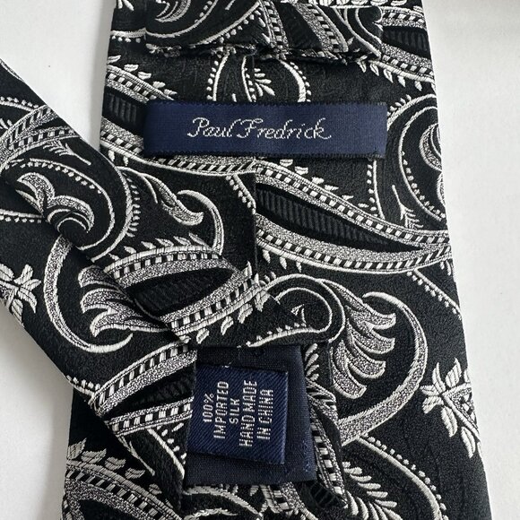 Paul Fredrick Tie Mens Black Silver Paisley Silk Classic 60x3.5" Old Money Party - Picture 4 of 5
